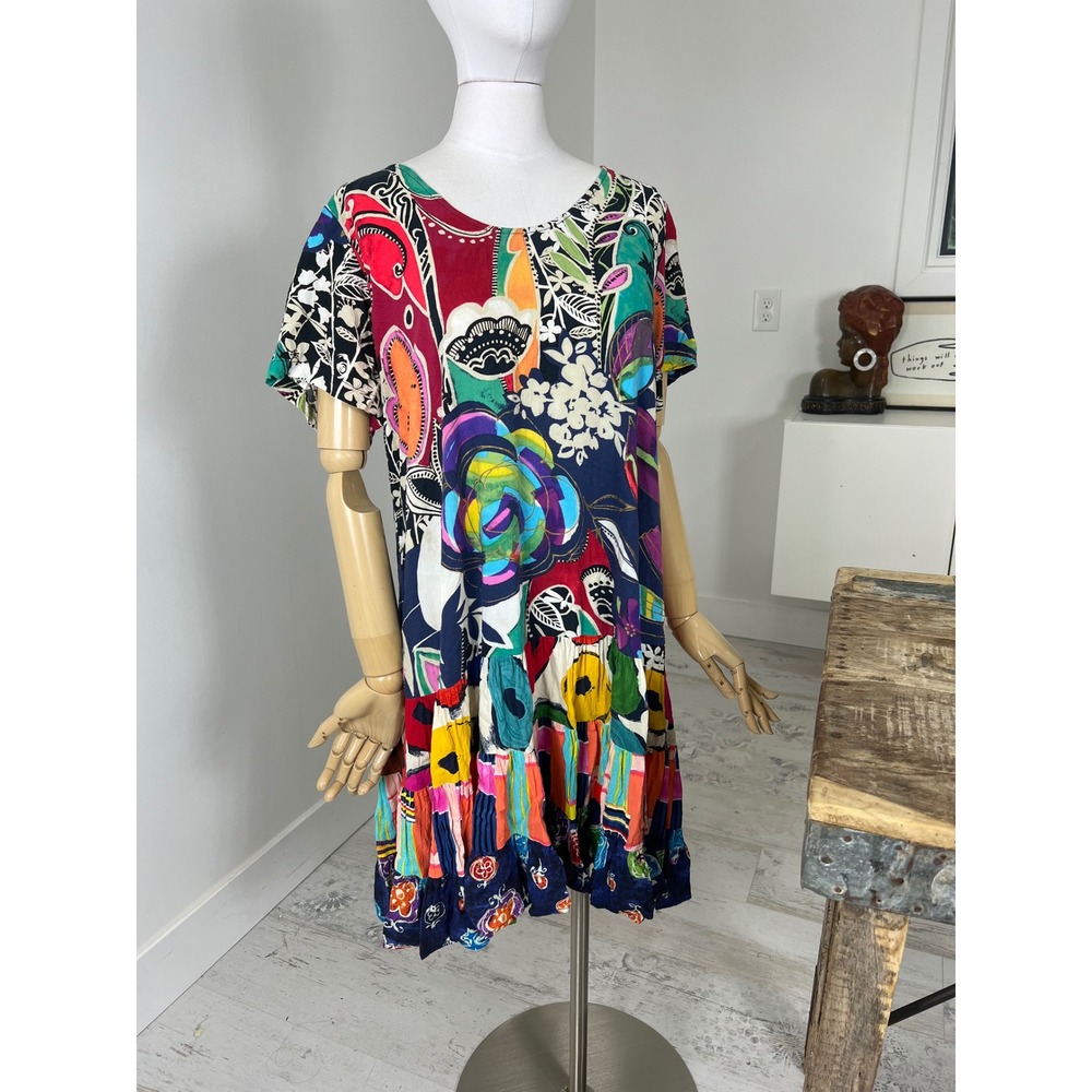 Jams World Vintage Drop Waist Tiered Mini Dress Multicolor Floral Rayon Large